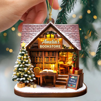 Personalized Book Lover Christmas Ornament - Custom Cozy Bookstore Wood Keepsake Gift