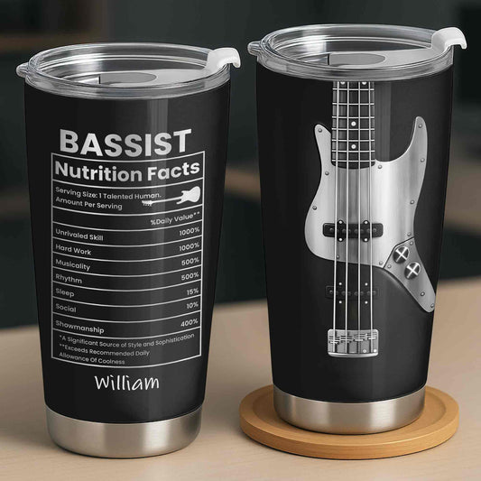 Bassist Nutrition Facts Tumbler for Dad with personalized design details for meaningful gifting