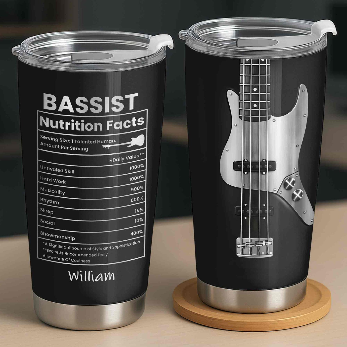 Bassist Nutrition Facts Tumbler for Dad with personalized design details for meaningful gifting