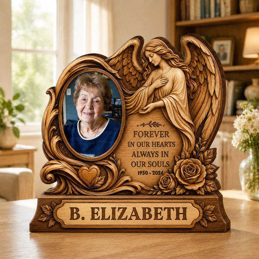 Forever In Our Hearts Personalized Memorial Wooden Block - Custom Angel Photo Gift for Family