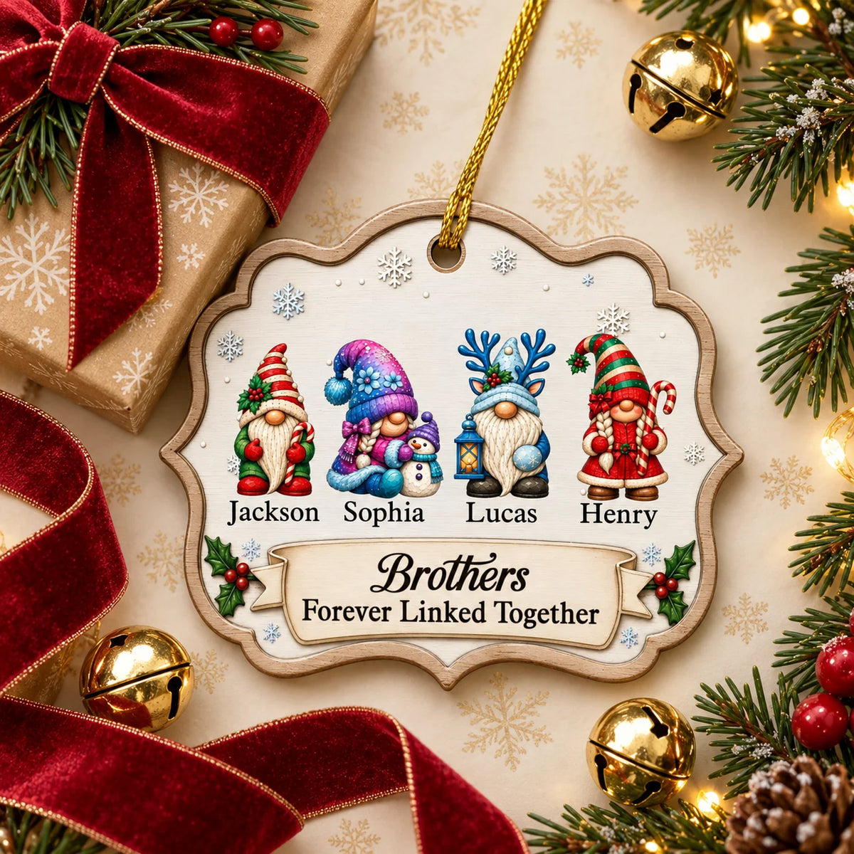 "Forever Linked Together" Personalized Gnome Ornament - Custom Family Keepsake for Sibling