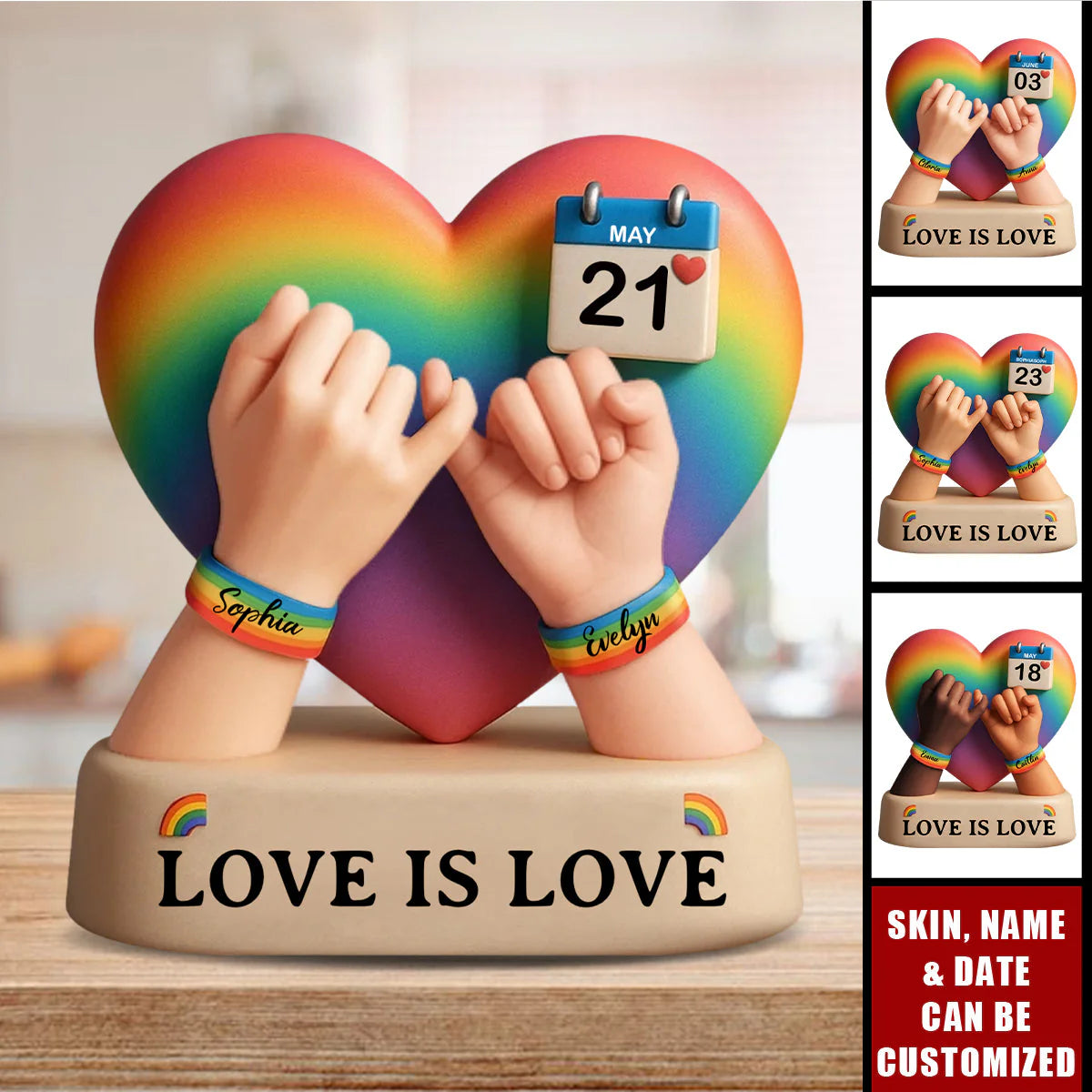 Personalized LGBTQ pride heart plaque with a custom pinky promise illustration and names for couples