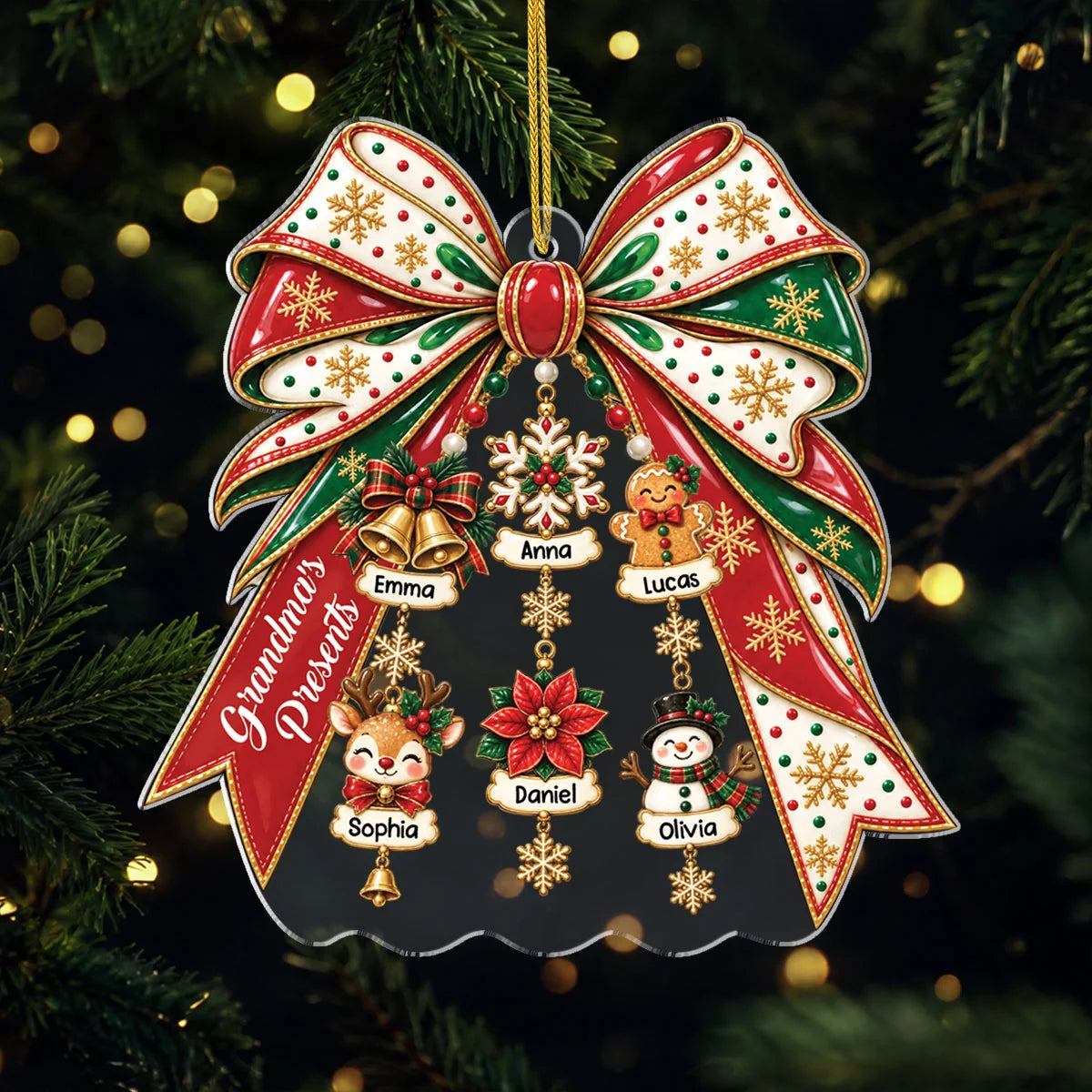 Grandma's Presents Personalized Acrylic Ornament - Custom Christmas Bow Family Gift