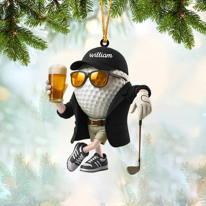 Personalized Beer Golf Ball Ornament for Dad with personalized design details for meaningful gifting