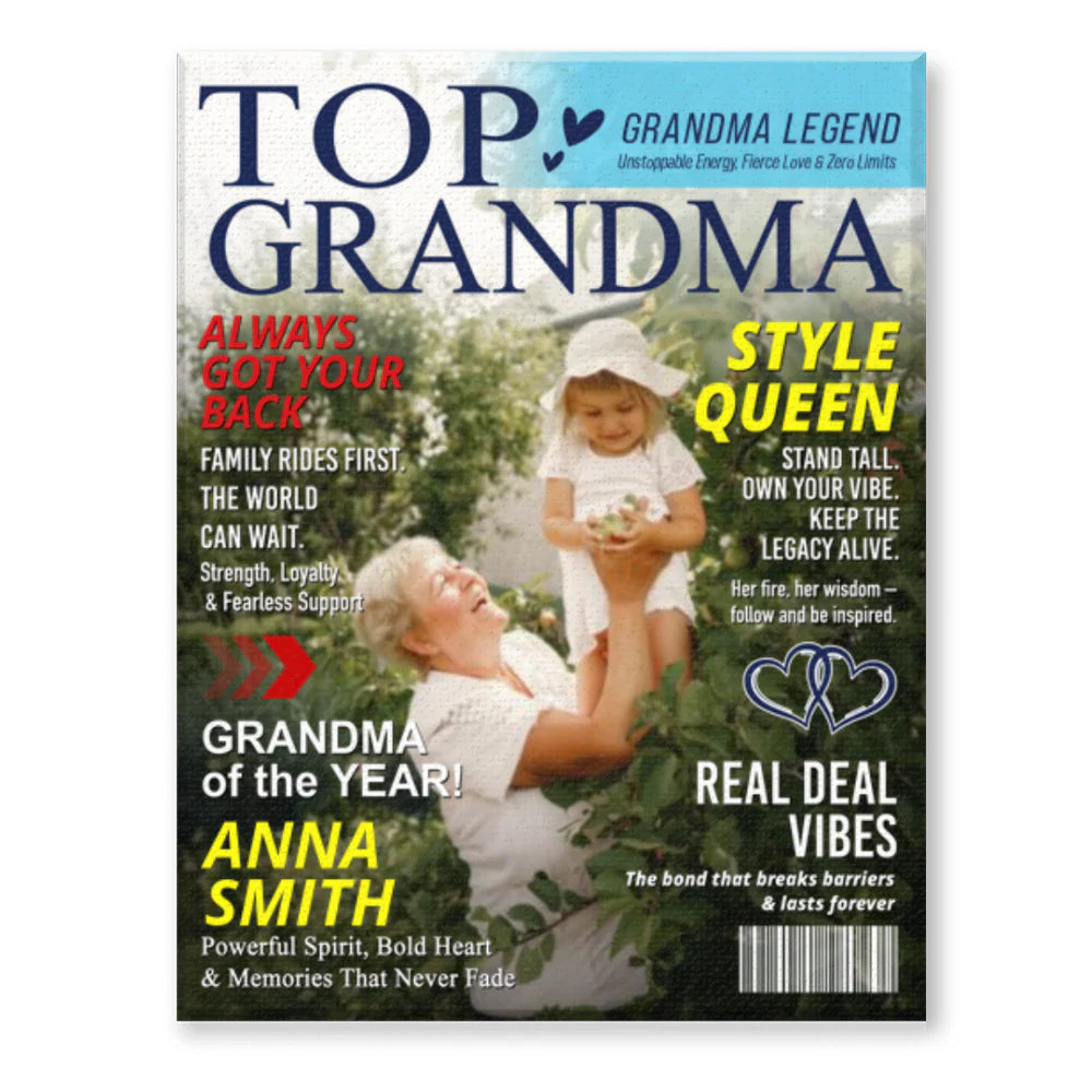 Personalized grandma magazine cover poster canvas print titled Top Grandma - unique custom gift from grandkids