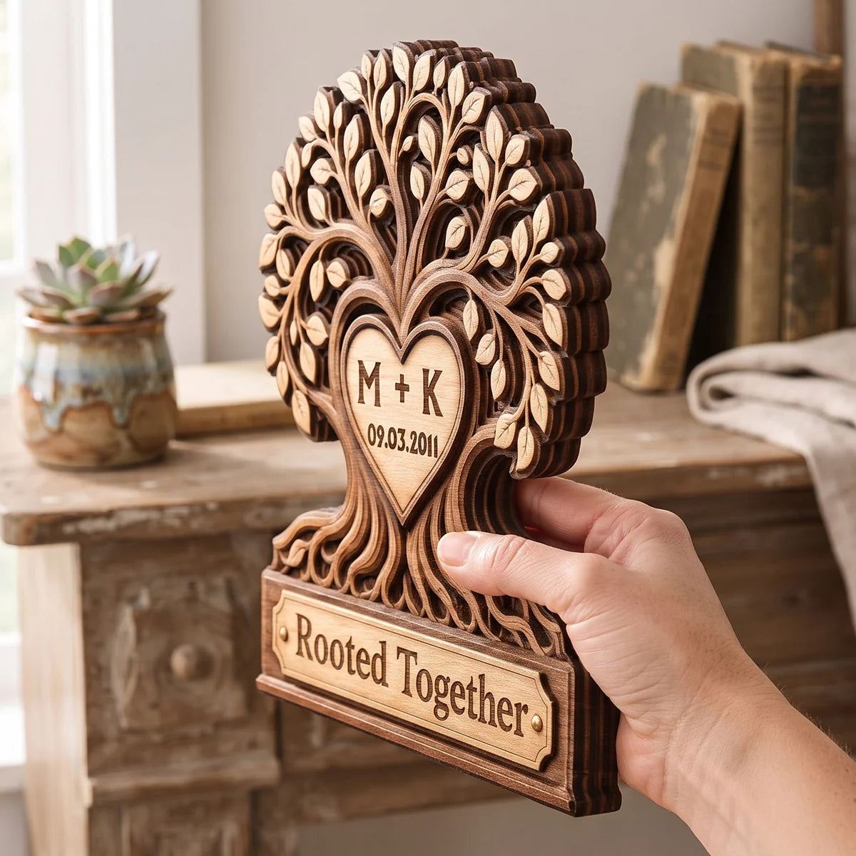 Rooted Together Personalized Wooden Block - Custom Anniversary Gift for Couples
