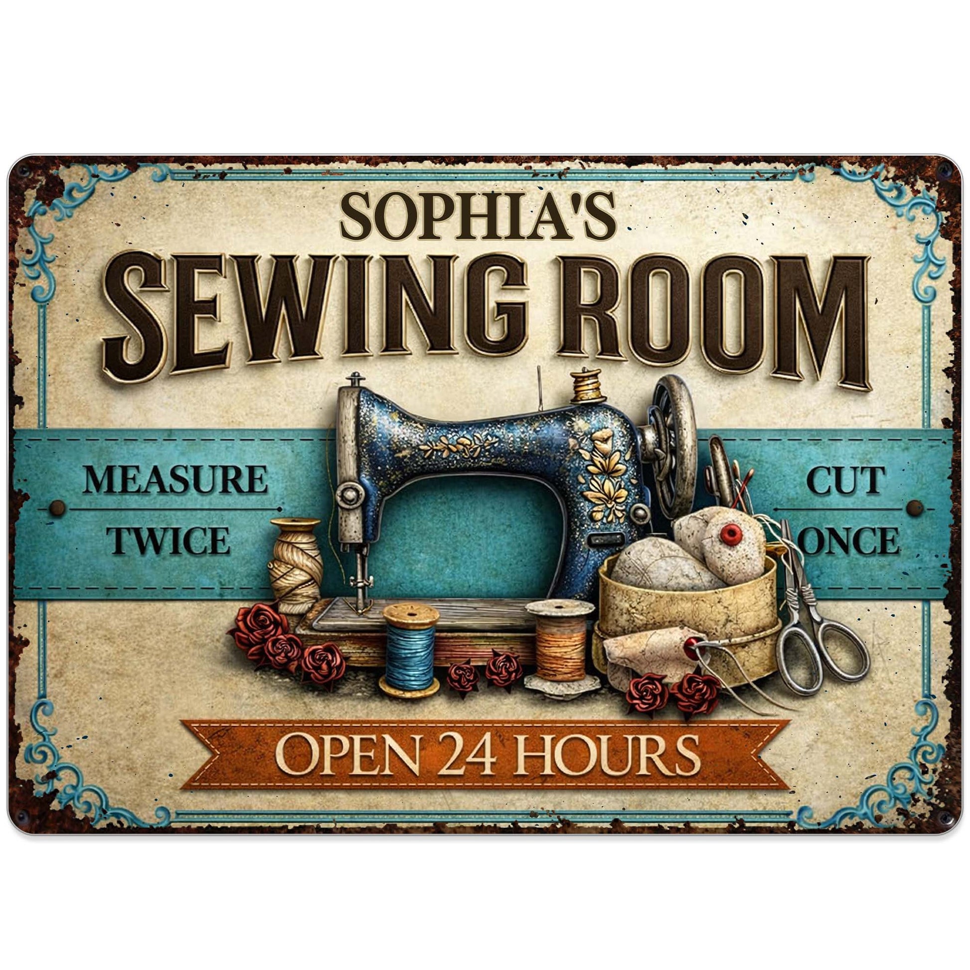 Custom Sewing Room Vintage Metal Sign for Mom with personalized design details for meaningful gifting image 10