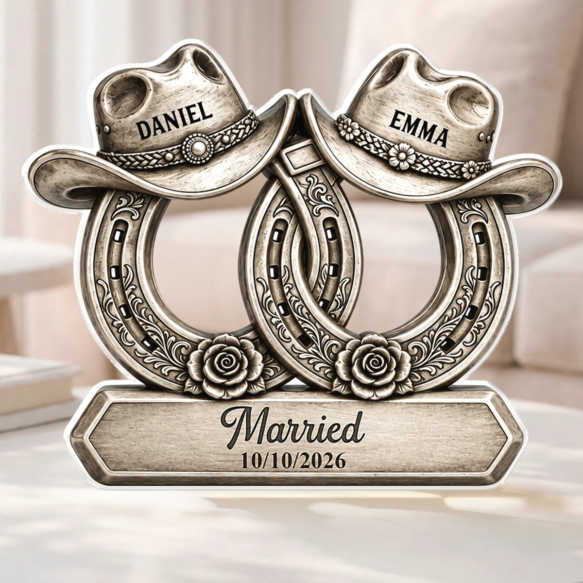 Custom Western Horseshoe Acrylic Plaque - Personalized Cowboy Couple Wedding Gift