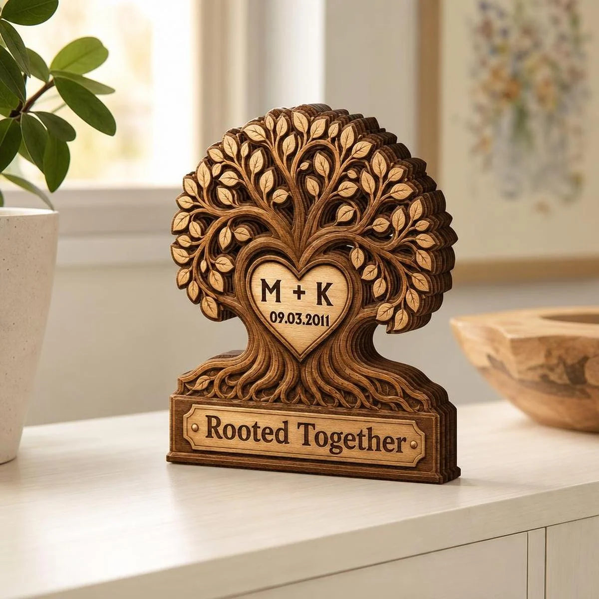 Rooted Together Personalized Wooden Block - Custom Anniversary Gift for Couples