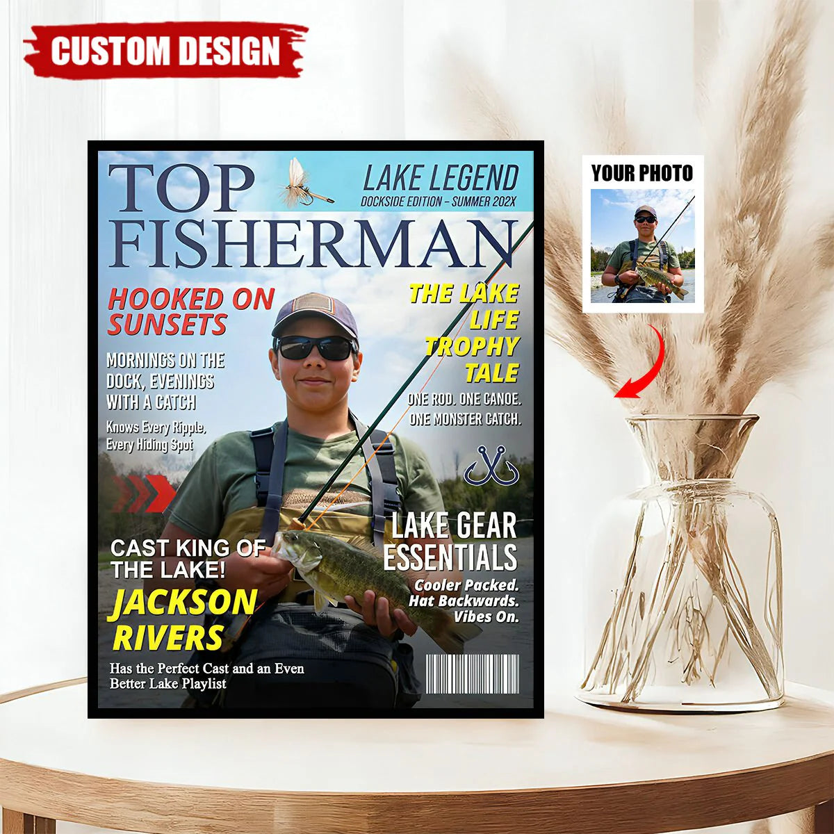 Personalized fishing canvas print with a custom photo on a Top Fisherman magazine cover layout.