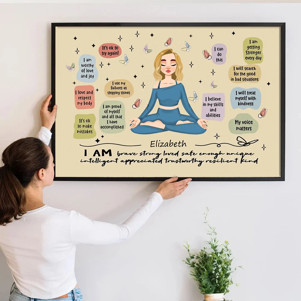 "I Am Brave Strong Loved" Personalized Canvas / Poster - Custom Yoga Affirmation Wall Art for Women