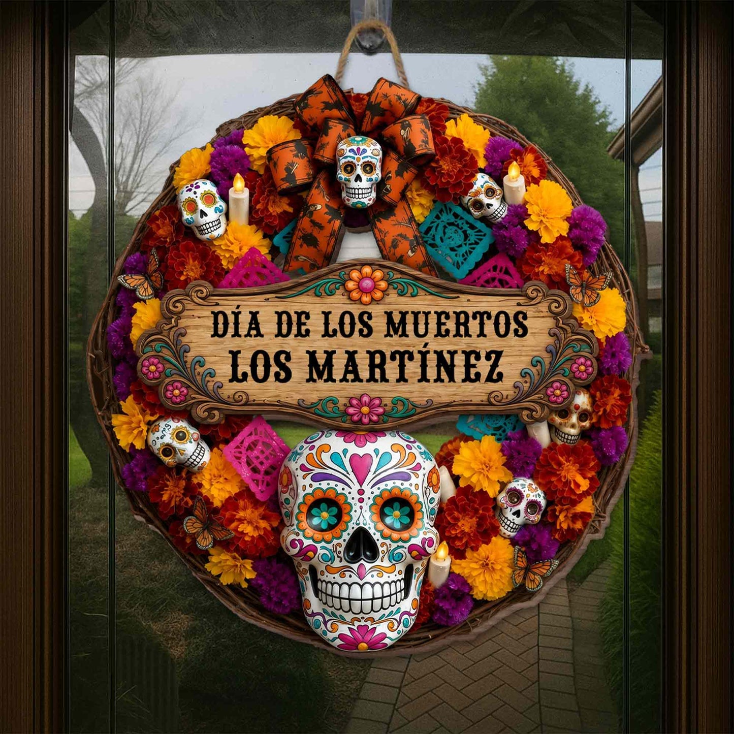Día De Los Muertos Personalized Wood Sign - Custom Family Sugar Skull Wreath Decor