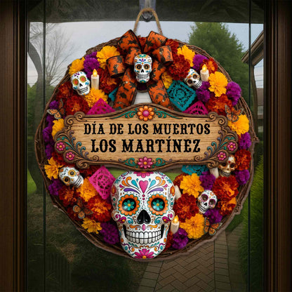 Día De Los Muertos Personalized Wood Sign - Custom Family Sugar Skull Wreath Decor