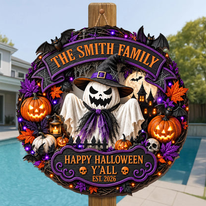 Happy Halloween Y'all Personalized Wood Sign - Custom Ghost Wreath Decor for Family