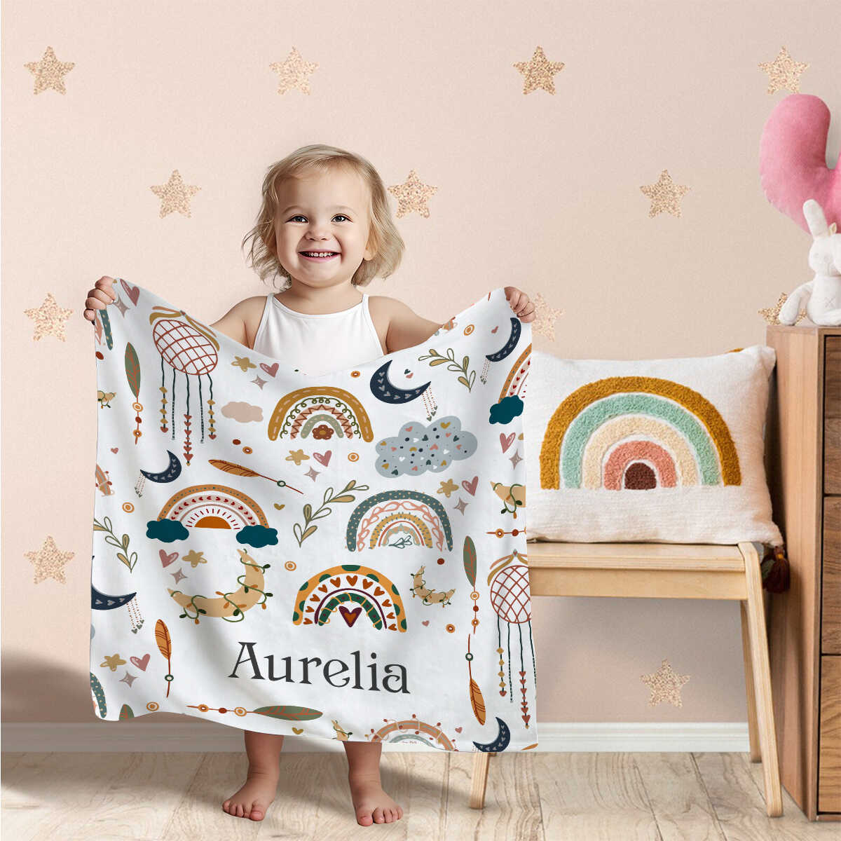 Custom Name Boho Rainbow Baby Blanket – Personalized Nursery Throw Gift for Newborn