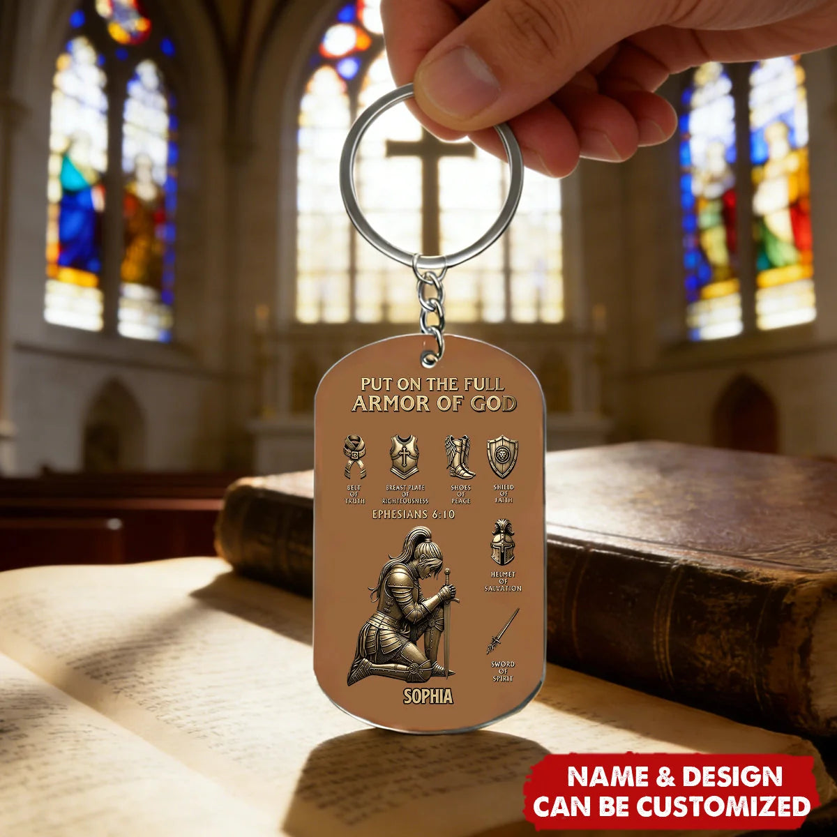 "Put On The Full Armor Of God" Personalized Christian Keychain - Custom Faith Gift for Son Daughter