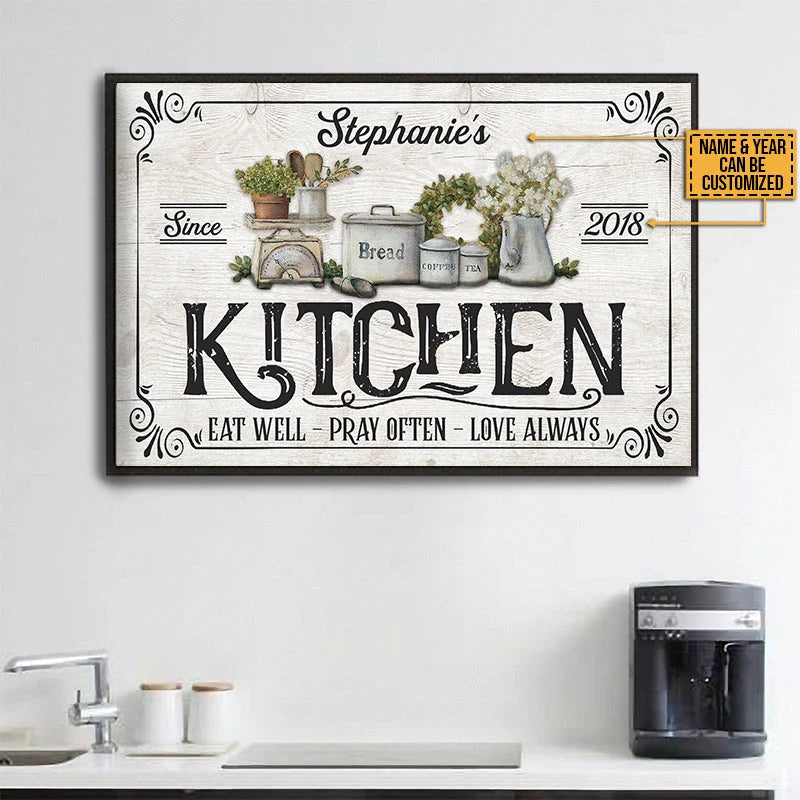 "Eat Well Pray Often Love Always" Personalized Kitchen Wall Art - Custom Farmhouse Canvas / Poster Gift for Family