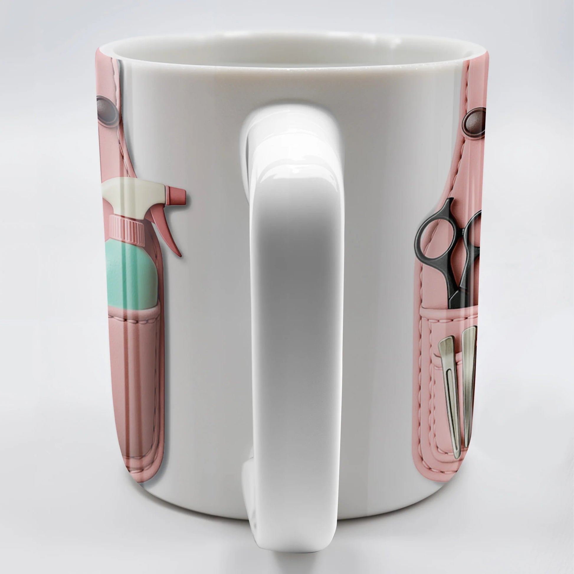 Personalized hairstylist mug with custom pink apron print containing scissors and comb - perfect gift for beauticians image 8