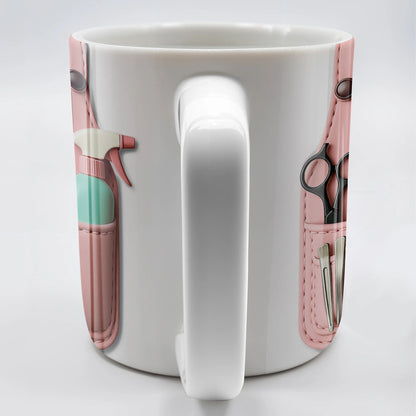 Personalized hairstylist mug with custom pink apron print containing scissors and comb - perfect gift for beauticians image 8