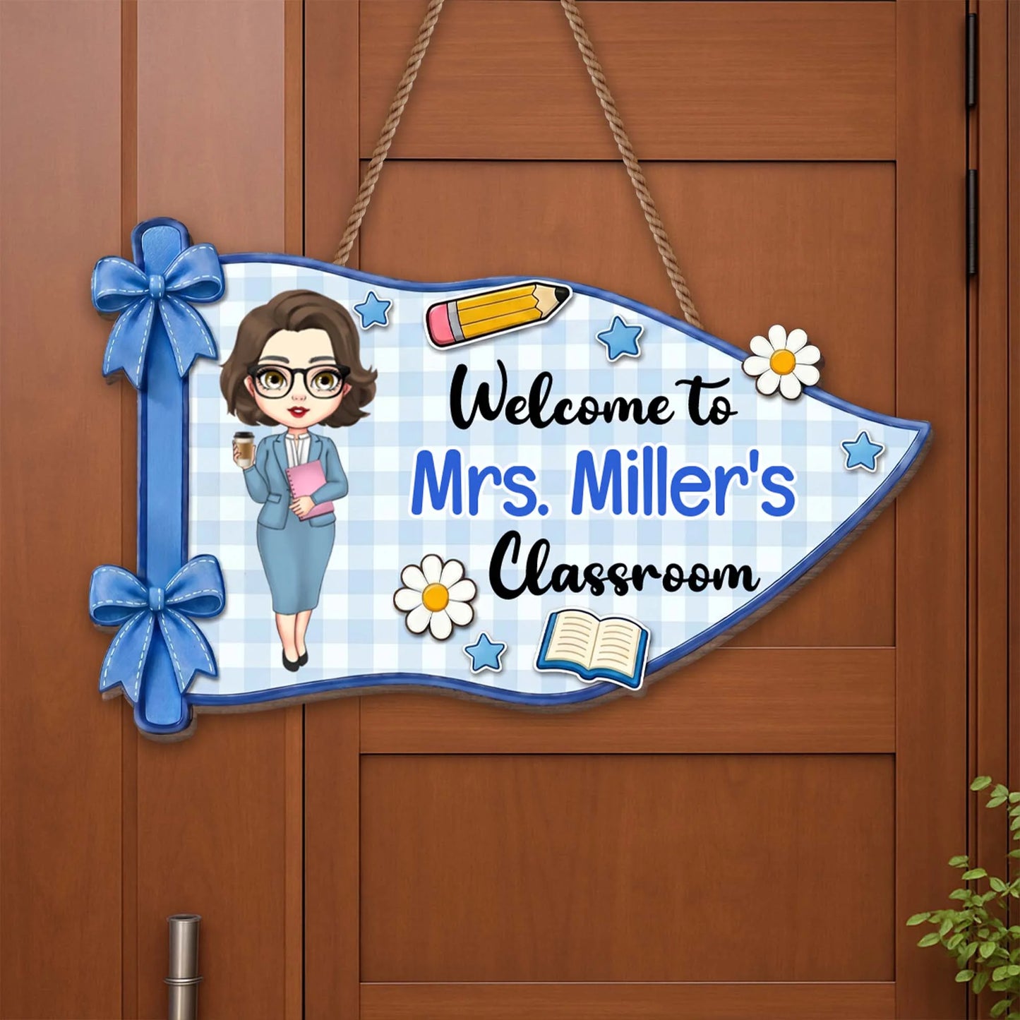 Personalized teacher wood sign with custom name and cartoon avatar for classroom door decor