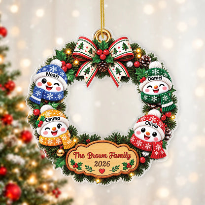 Snowman Wreath Personalized Acrylic Ornament for Family - Custom Christmas Tree Keepsake