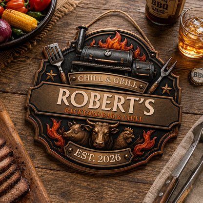 Chill & Grill Personalized BBQ Smokehouse Wood Sign - Custom Backyard Bar Door Hanger Gift for Dad