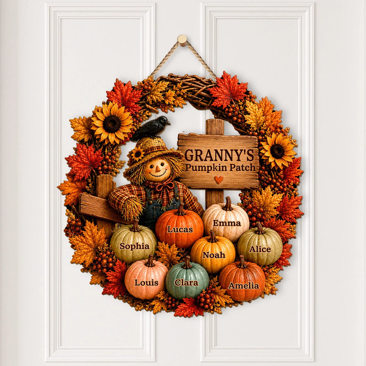 Pumpkin Patch Fall Wreath Personalized Wood Sign - Custom Family Autumn Decor for Grandma & Mom