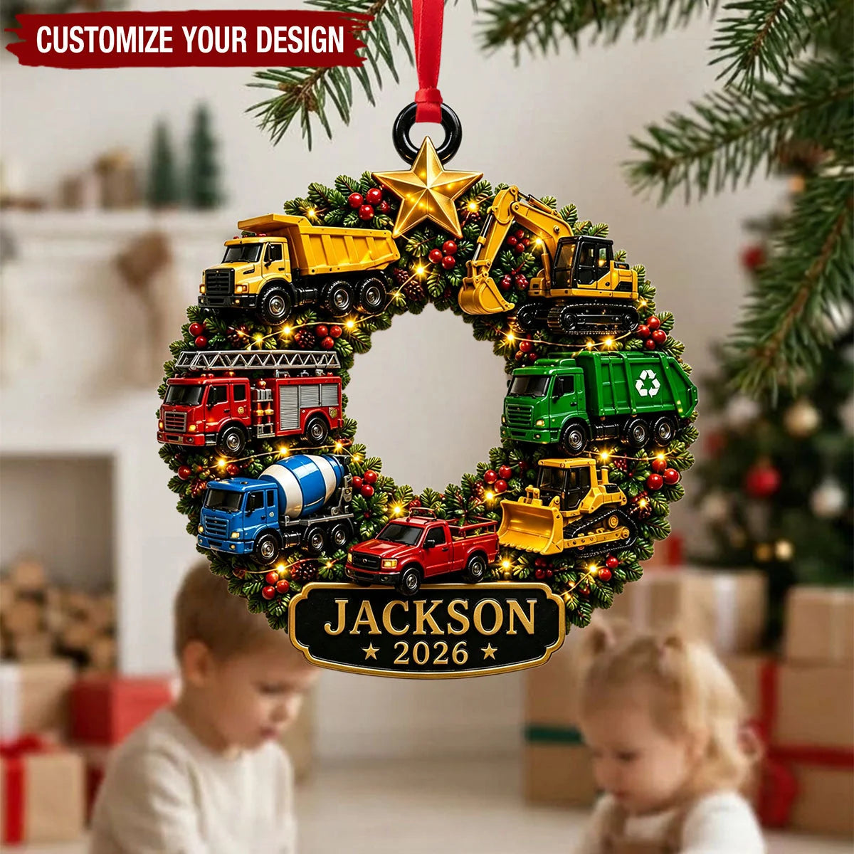 Custom Construction Truck Wreath Wooden Ornament - Personalized Christmas Gift for Kids