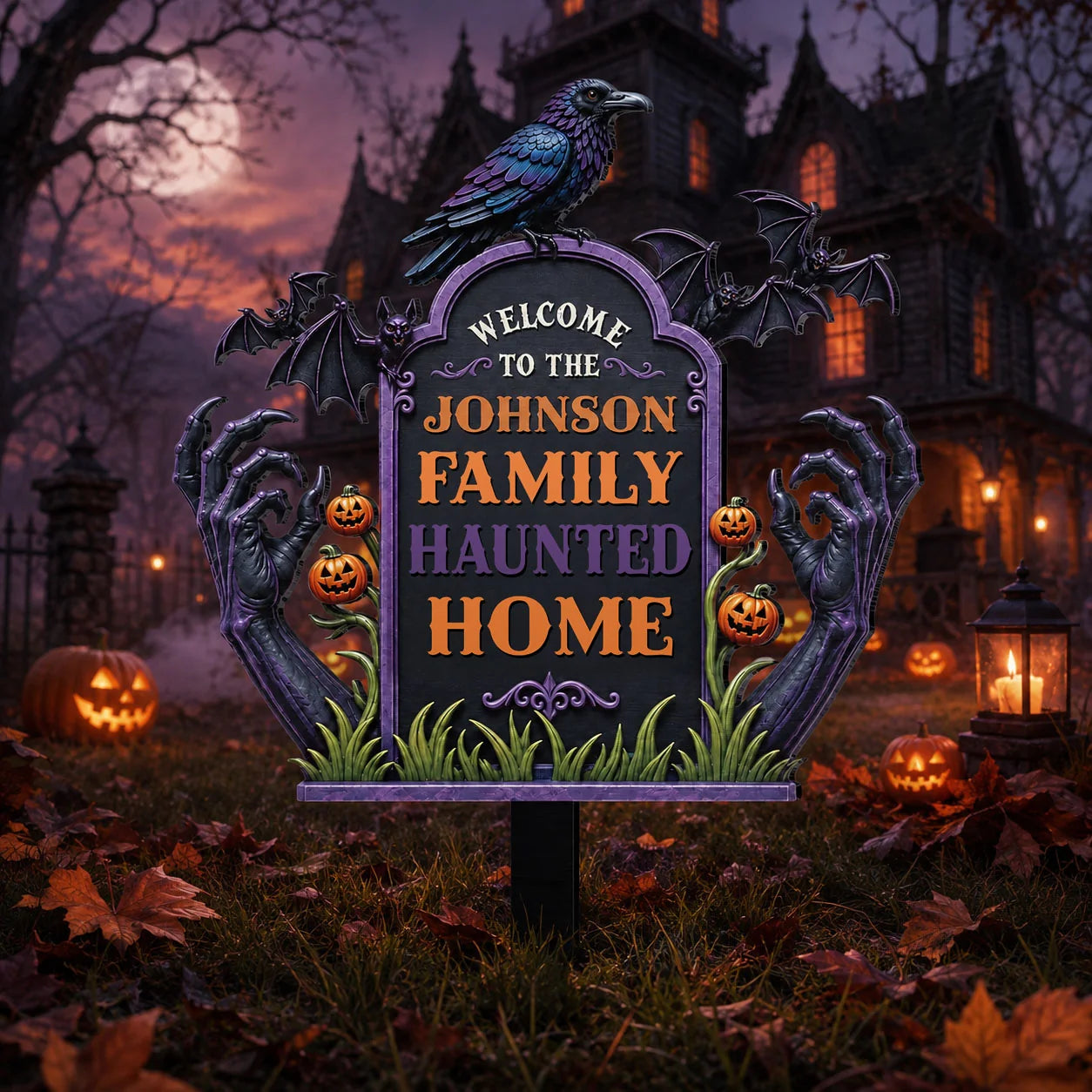 Welcome To Our Haunted Home - Personalized Halloween Metal Garden Stake Sign for Family Yard Decor