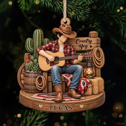 Country Girl Guitarist Personalized Wooden Ornament - Country Music Lovers Keepsake Gift