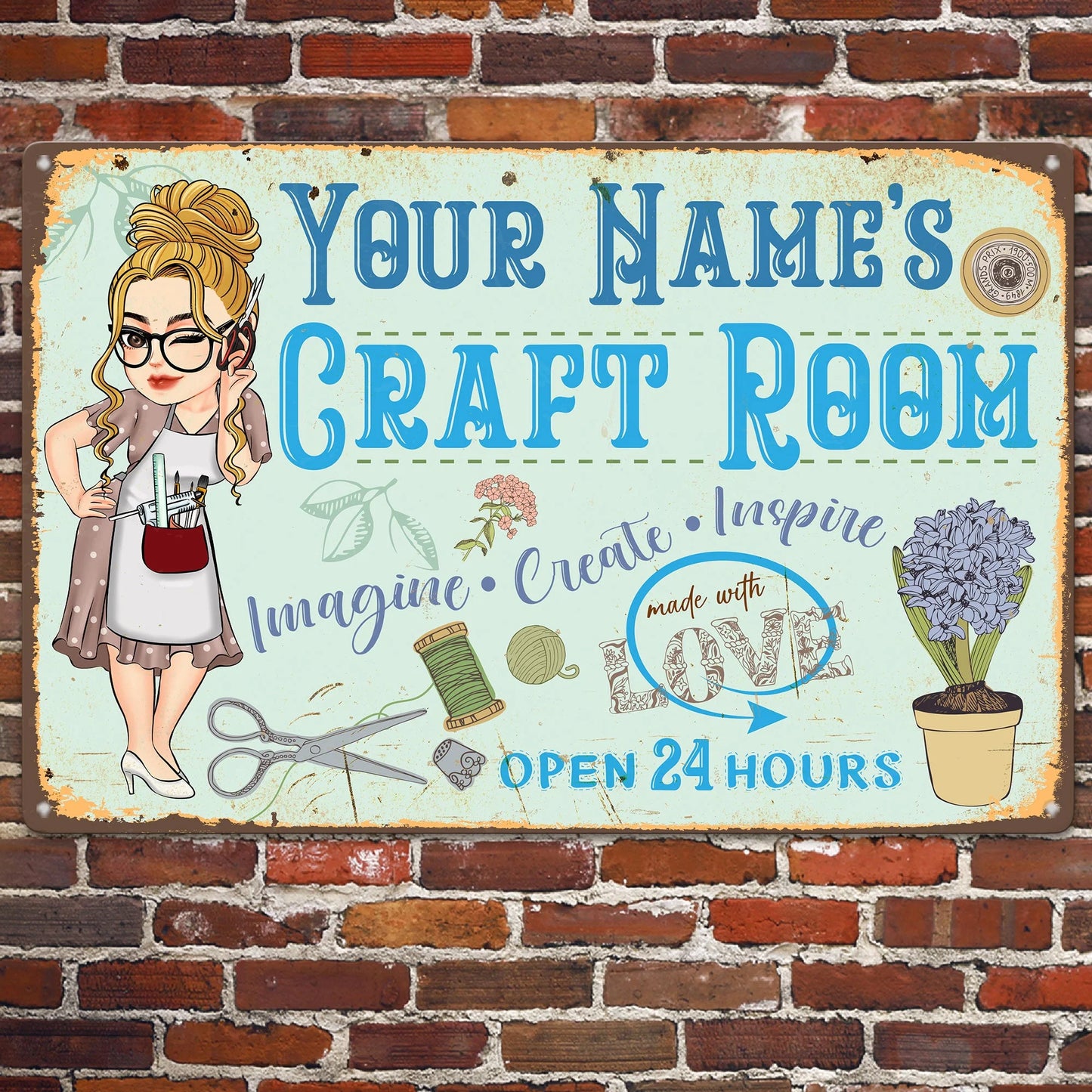 "Imagine Create Inspire" Personalized Craft Room Metal Sign - Custom Sewing Decor Gift