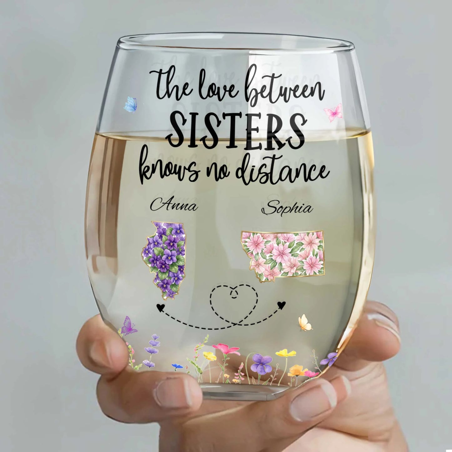 Long Distance Sister Wine Glass for Sister with personalized design details for meaningful gifting
