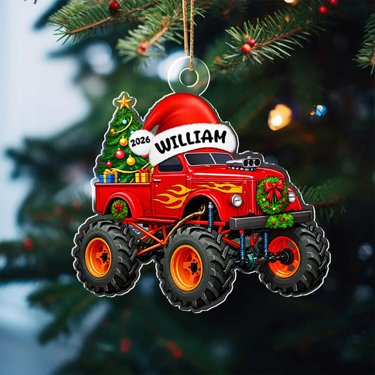Personalized Monster Truck Acrylic Ornament - Custom Name Christmas Keepsake Gift for Kids