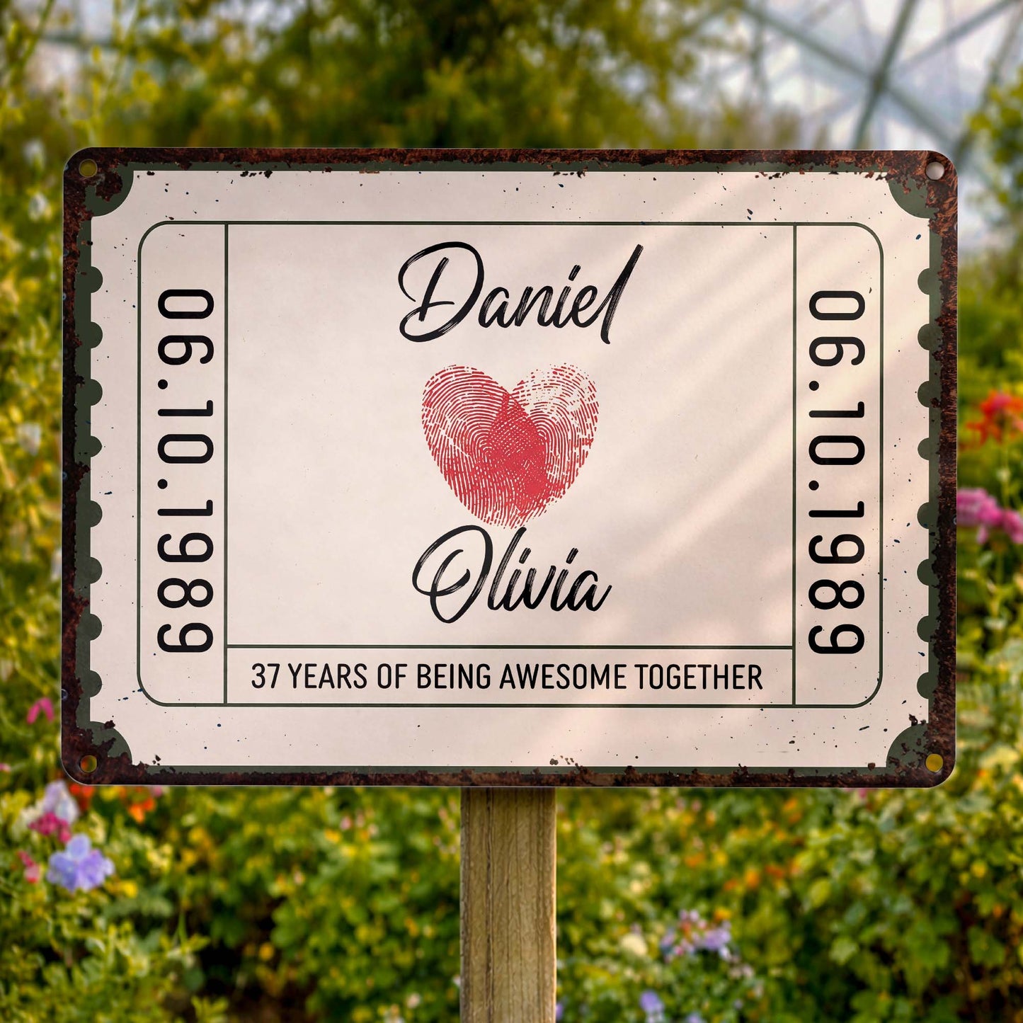 Personalized couple anniversary metal sign with fingerprint heart stamp design and custom date image 7