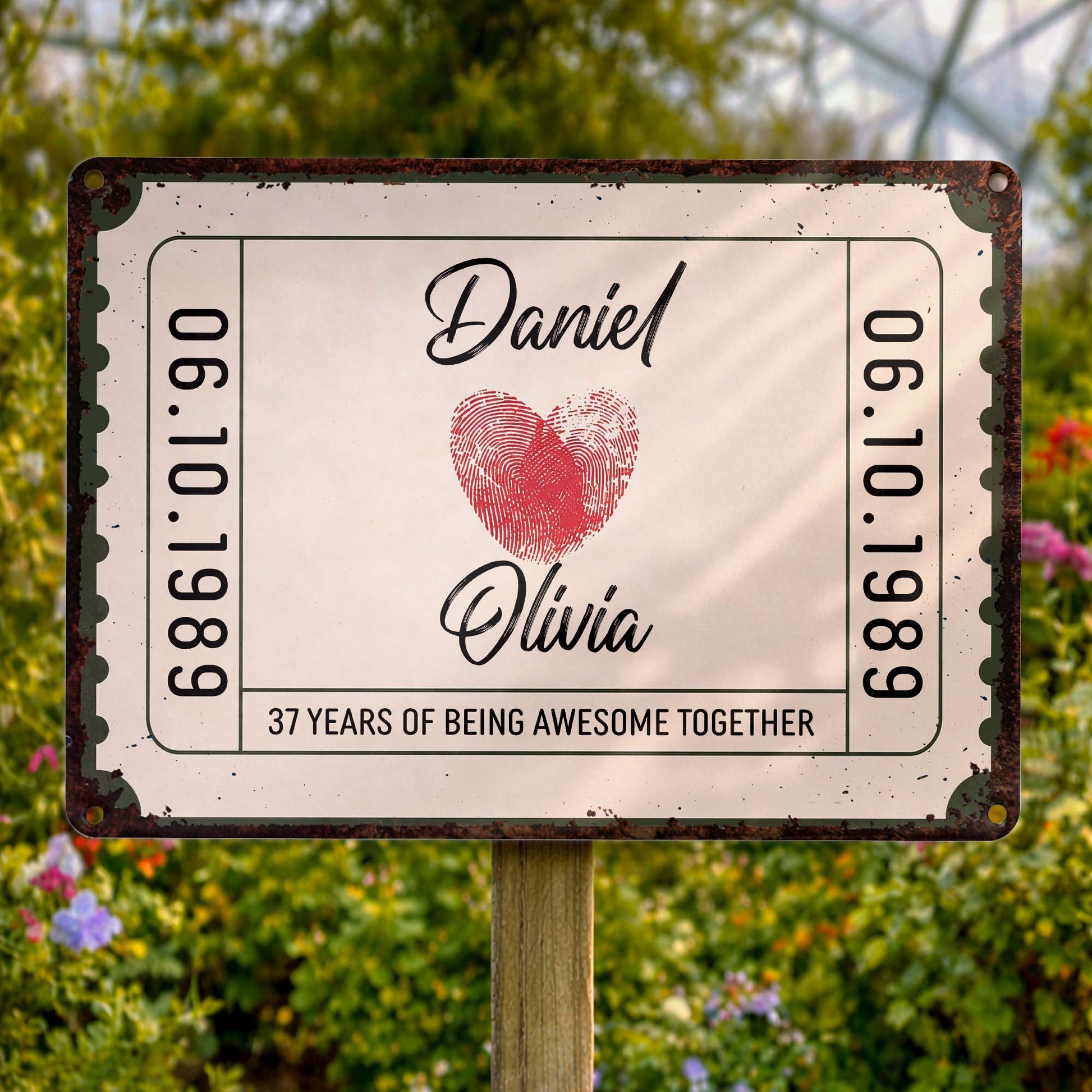 Personalized couple anniversary metal sign with fingerprint heart stamp design and custom date image 7