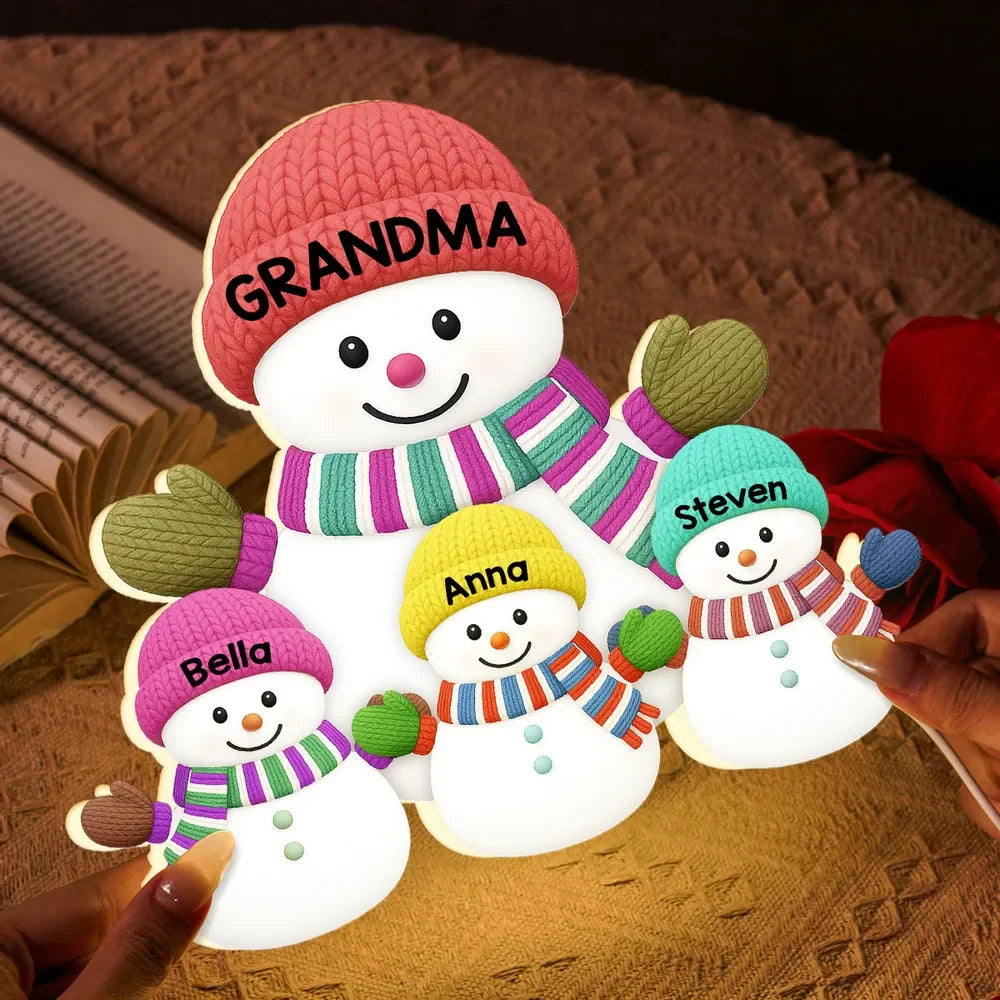 Grandma & Grandkids Snowman Custom Night Light Box - Personalized Holiday Keepsake Gift