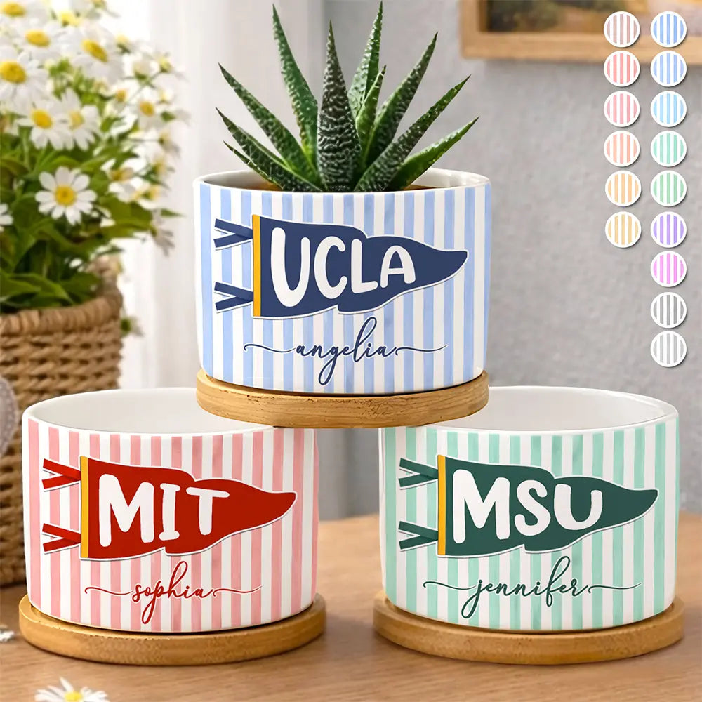 Personalized school pennant plant pot with custom name for college dorm decor and graduation gift