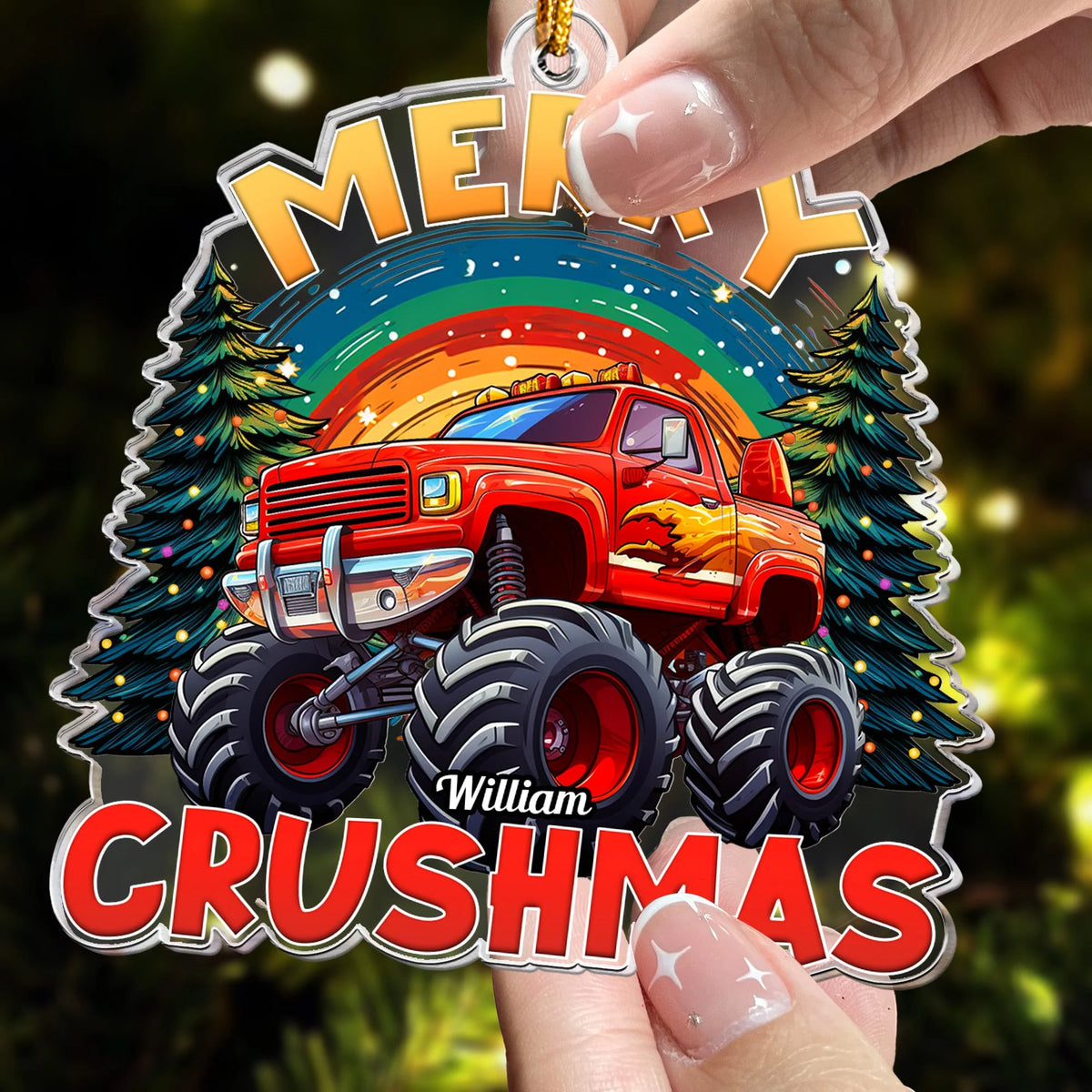 Merry Crushmas Monster Truck Personalized Acrylic Ornament - Custom Name Gift for Kids