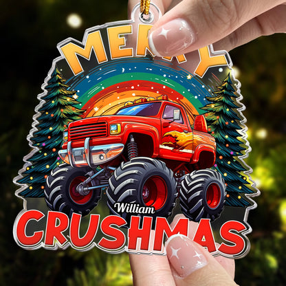 Merry Crushmas Monster Truck Personalized Acrylic Ornament - Custom Name Gift for Kids