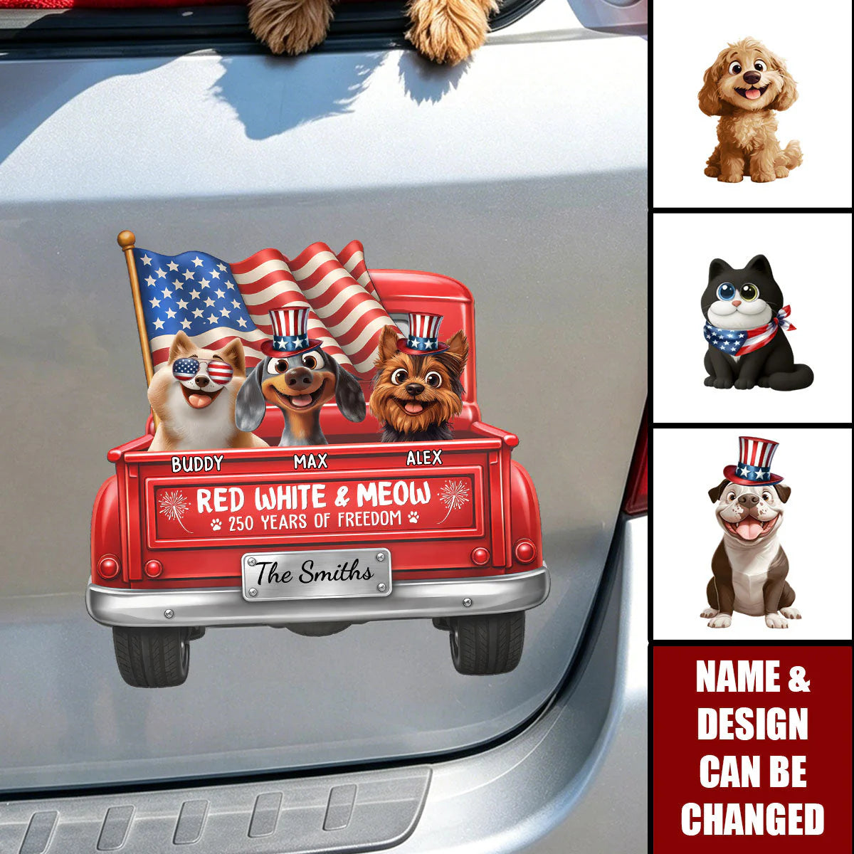 Personalized dog car decal with custom pet names and a patriotic red truck design for proud pet parents