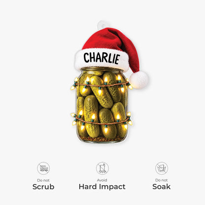Custom Name Santa Hat Pickle Jar Acrylic Ornament - Fun Personalized Christmas Tree Gift