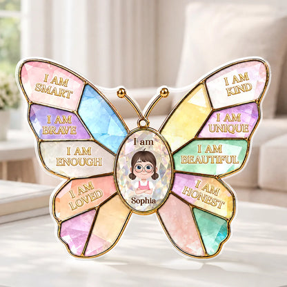 I Am Smart Brave Loved - Personalized Butterfly Acrylic Plaque Gift for Kids