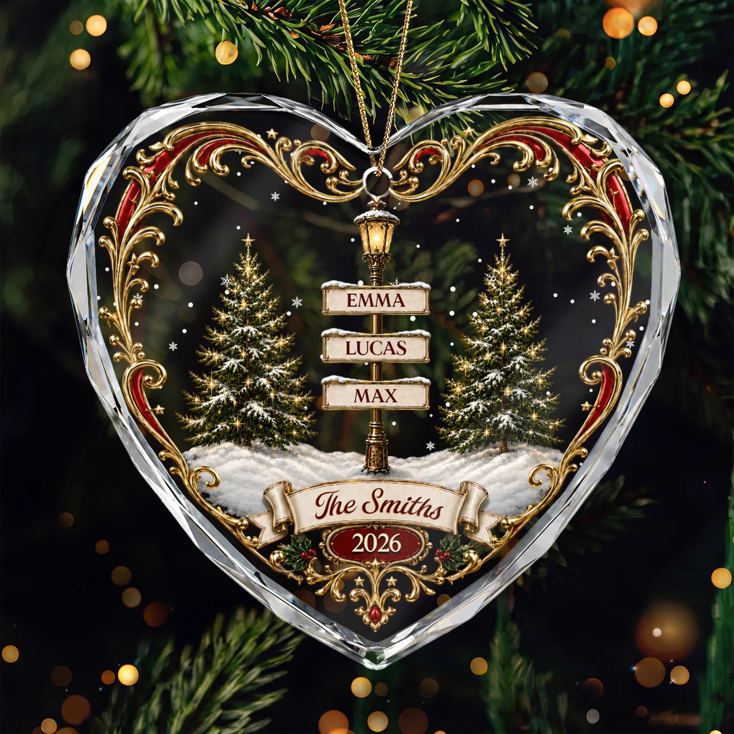 Personalized Family Names Signpost Glass Heart Ornament - Custom Christmas Keepsake Gift