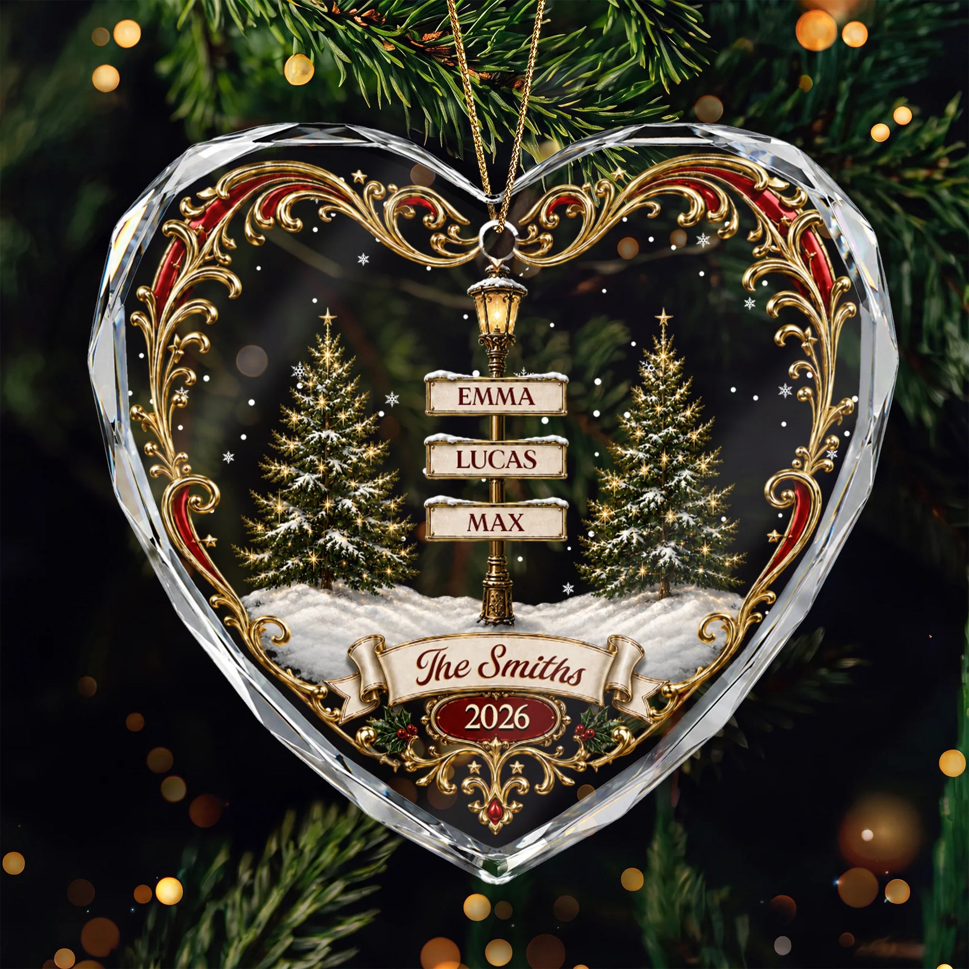 Personalized Family Names Signpost Glass Heart Ornament - Custom Christmas Keepsake Gift