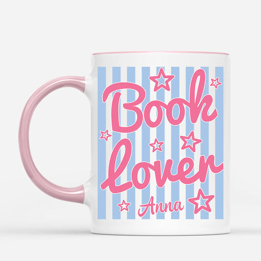 Personalized book lover mug with custom name Anna and pink stripes design for avid readers