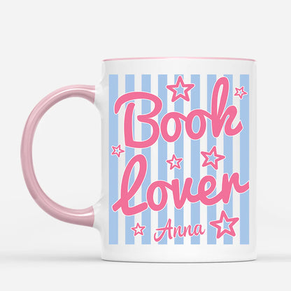 Personalized book lover mug with custom name Anna and pink stripes design for avid readers