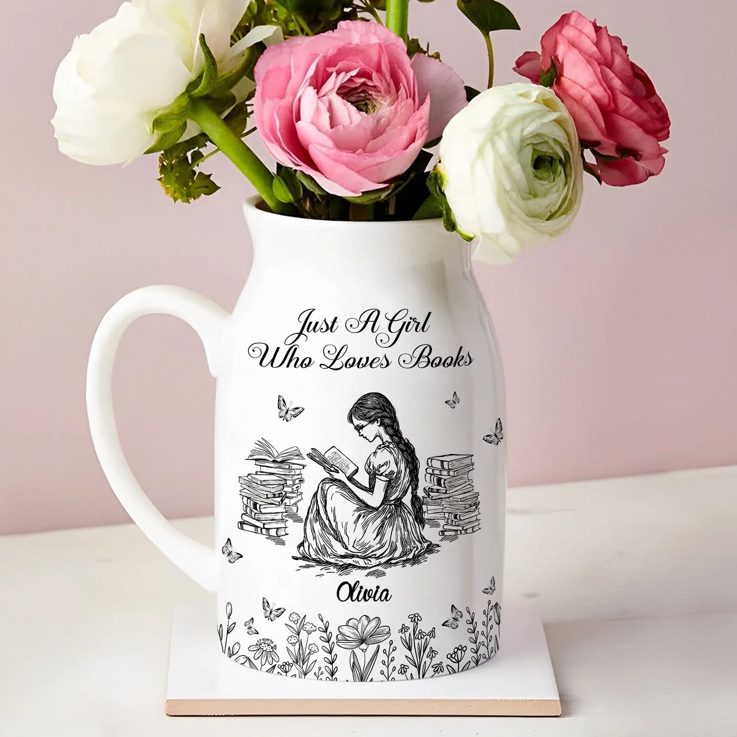 "Just A Girl Who Loves Books" Personalized Ceramic Flower Vase - Custom Reading Gift for Book Lovers