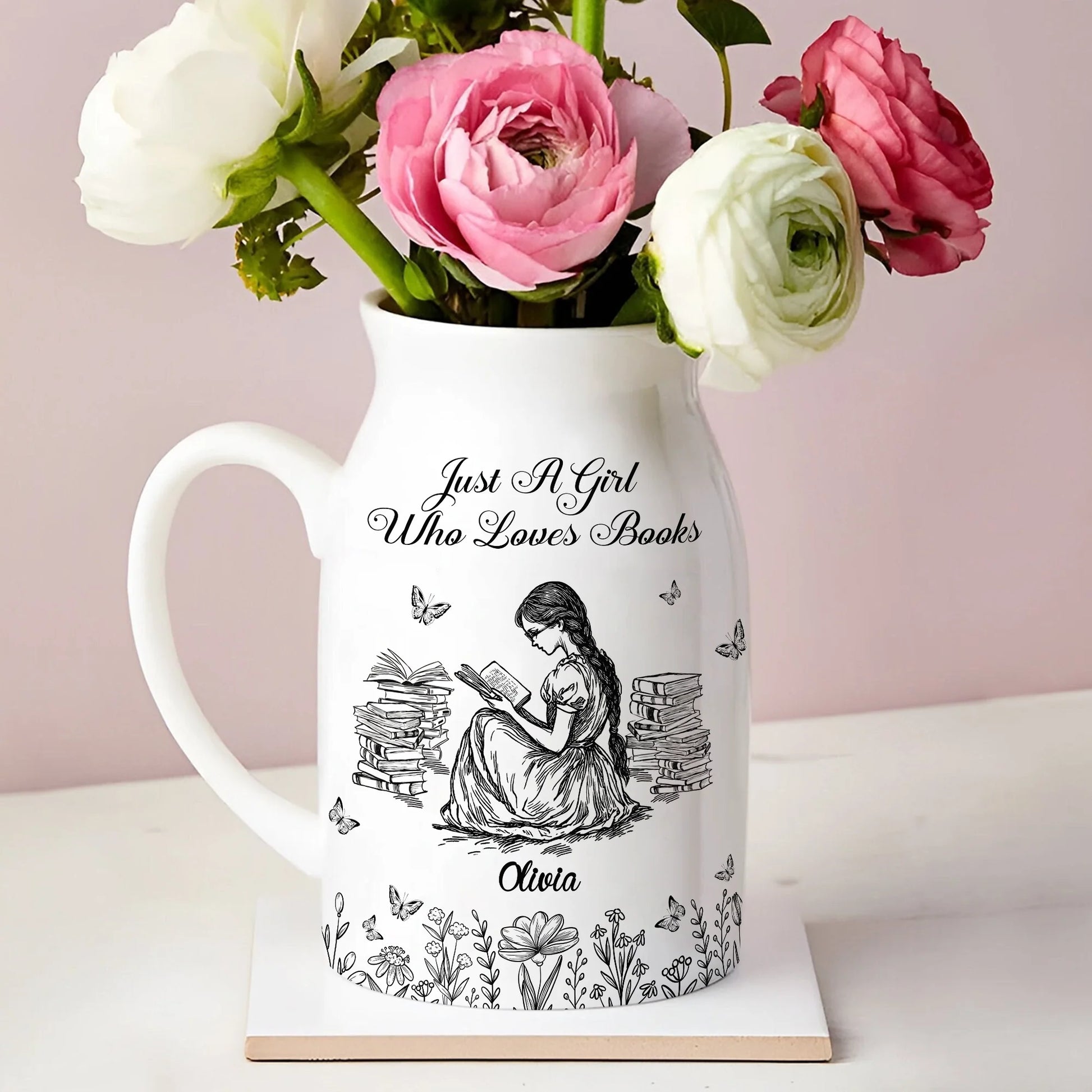 "Just A Girl Who Loves Books" Personalized Ceramic Flower Vase - Custom Reading Gift for Book Lovers