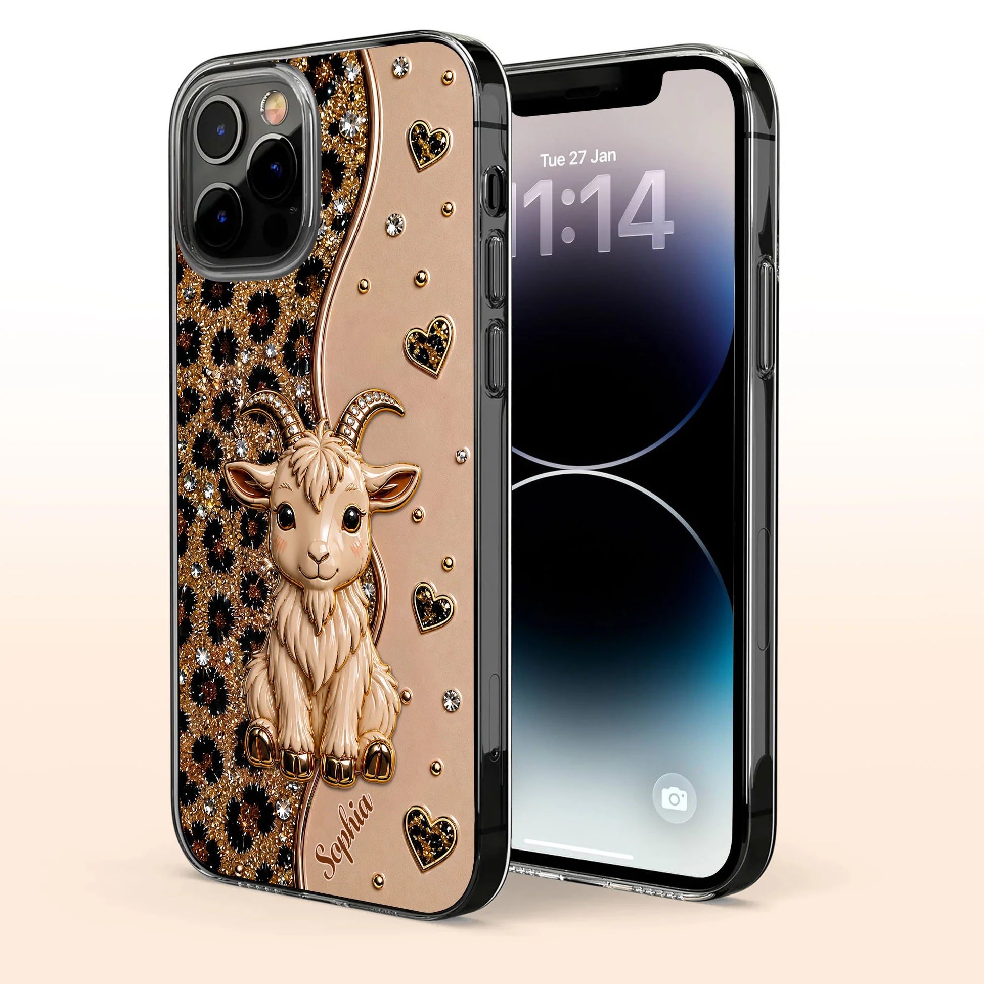 Personalized clear goat phone case with glitter leopard print and custom name for iPhone and Samsung image 6