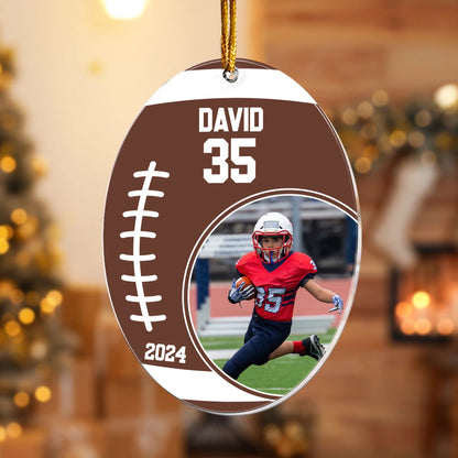 Custom Football Photo Ornament for Son/Grandson with personalized design details for meaningful gifting